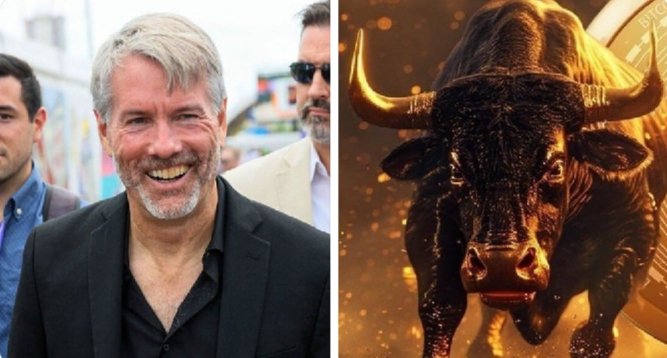 The image shows a split photo of Michael Saylor smiling on the left and a powerful bull (symbolizing a bullish market outlook) on the right. The post's caption references Saylor's bold prediction that Bitcoin will become the world's largest asset within 48 months, with the bull imagery reinforcing the bullish sentiment around this forecast.