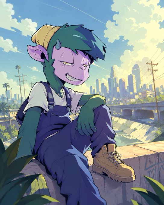 An anime-style illustration of a purple-skinned goblin character with green hair, wearing a yellow beanie, white t-shirt, and blue overalls, sitting on a ledge overlooking a cityscape.
