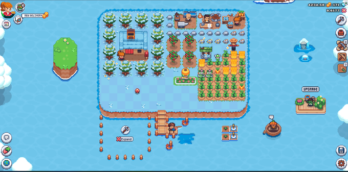 A screenshot of a pixel-art farming simulation game showing an island with crops, trees, animals, a character, and a dock surrounded by water, with a timer reading "06:55:00:54" in the upper left.