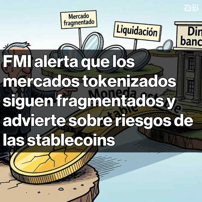 A Spanish-language news graphic from 'DB' with the headline 'FMI alerta que los mercados tokenizados siguen fragmentados y advierte sobre riesgos de las stablecoins', showing a cartoon illustration of fragmented coins and a sweating figure.