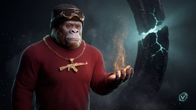 A chimpanzee wearing a beanie, goggles, and a gold AK-47 chain necklace conjures glowing sparks beside a fractured, glowing ring against a dark background. The mystical, powerful imagery evokes the idea of untapped rewards manifesting for active holders, visually reinforcing the post's message about $VEIL token rewards being unlocked by SK NFT holders who actively participate rather than passively wait for an airdrop or snapshot.