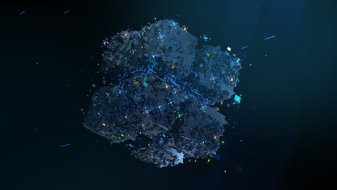 A dark, futuristic 3D rendering of an asteroid or mechanical space colony floating in a dark void, illuminated by scattered blue and yellow lights across its complex surface.