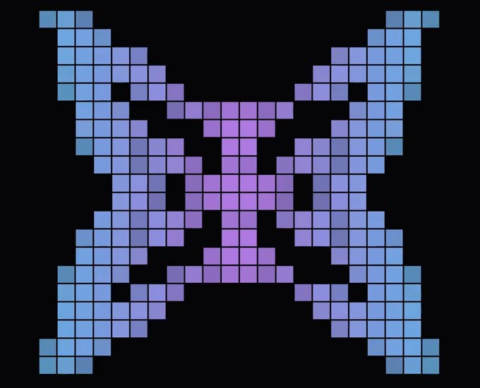 A pixel art design of a symmetrical butterfly or 'X' shape made of small square tiles in shades of blue, purple, and pink against a black background.