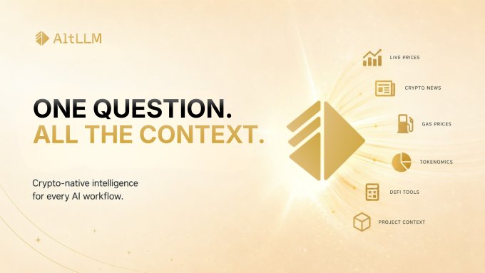 An advertisement for AltLLM displays the tagline 'ONE QUESTION. ALL THE CONTEXT.' as a crypto-native intelligence platform offering live prices, crypto news, gas prices, tokenomics, DeFi tools, and project context.