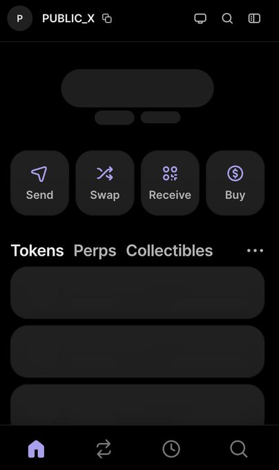 A mobile wallet app interface called 'PUBLIC_X' showing options for Send, Swap, Receive, and Buy, with tabs for Tokens, Perps, and Collectibles.