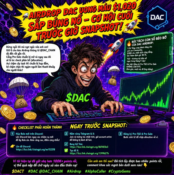 A vibrant Vietnamese promotional graphic for a '$DAC' airdrop valued at $1,020, featuring an anime-style character at a keyboard with checklist instructions for Telegram, Discord, and Twitter links before a snapshot.