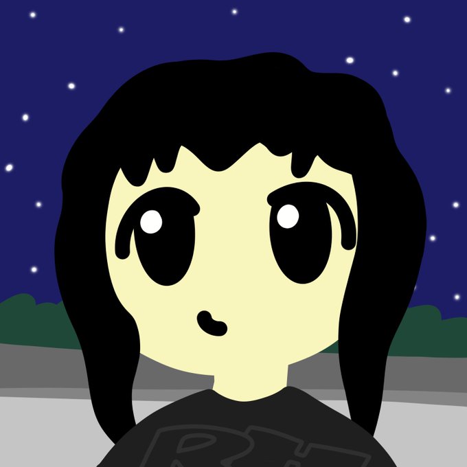 A digital drawing features a girl with large black eyes and black hair against a starry night sky, with green bushes and a gray surface below.