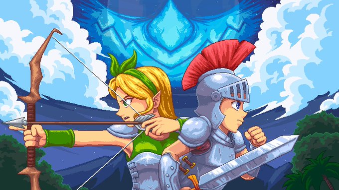 Video game artwork featuring an elven archer and a Roman-style gladiator warrior standing back-to-back against a blue sky background.