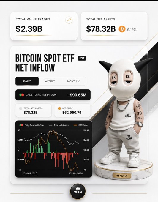 The image shows a screenshot of a market chart with Bitcoin symbol. The chart displays a significant number of Bitcoin Spot ETF outflows, which is recorded as $90.65M by one source but $77.27B by another. The chart also illustrates the price trends in Bitcoin's net inflows over time. The post suggests that Bitcoin investors may be reacting to recent market actions and that the current situation might not necessarily represent a bearish sentiment about the future of Bitcoin ETFs or the cryptocurrency as a whole.