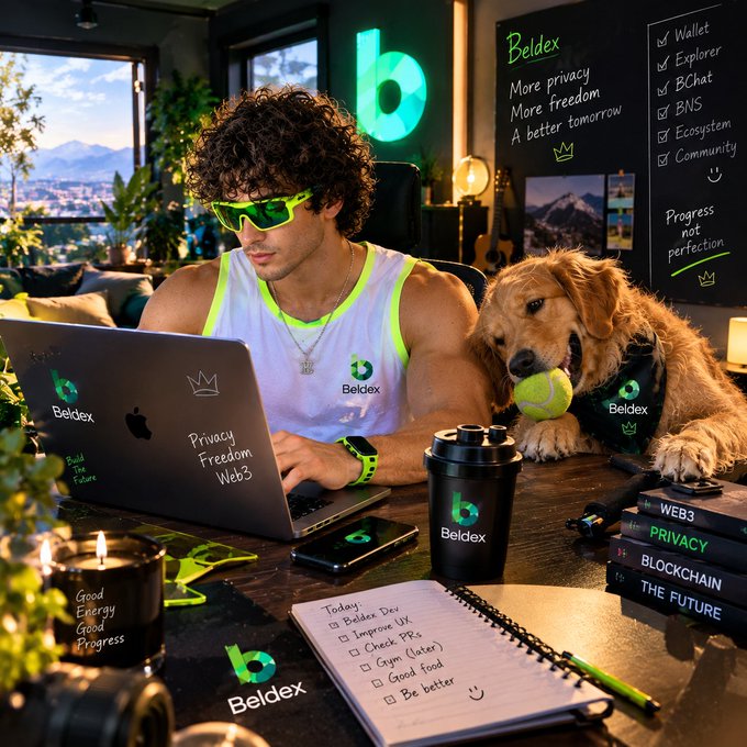 A man wearing neon sunglasses works on a laptop branded "Beldex" with his golden retriever dog beside him holding a tennis ball, in a workspace decorated with Beldex branding and lists of crypto/Web3 related concepts.
