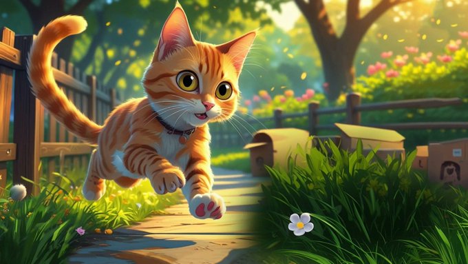 The image features a cartoon cat running across a path with flowers nearby. The cat appears to be chasing after something, possibly a butterfly or a ball. The scene takes place outdoors, surrounded by grass and trees.