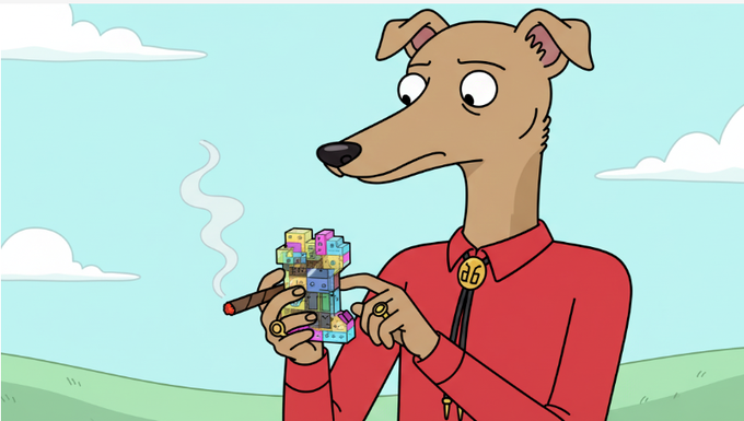 A cartoon dog in a red shirt with a "d6" bolo tie inspects a small server rack while smoking a cigar. The image reinforces the post's message of relaxed, continuous service—suggesting Quip Network's decentralized quantum computing operates reliably in the background, even while users take a break.