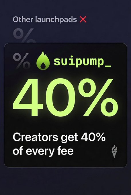 A dark promotional graphic for 'suipump_' claims '40% Creators get 40% of every fee' in bright green text, contrasted against 'Other launchpads ✗' shown above.