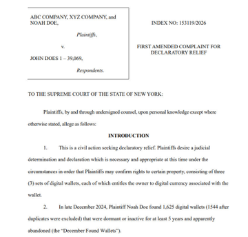 The image shows a white page with black text, which appears to be a legal document related to Bitcoin wallets. The document is titled "First Amended Complaint for Declaratory Relief" and is addressed to the Supreme Court of New York. It seems that someone has filed this lawsuit against the Bitcoin wallet owners in an attempt to recover stolen Bitcoins from them. The text on the page indicates that the plaintiffs are seeking declaratory relief, meaning they want a court order stating whether or not the Bitcoin wallets should be returned to their owners.
