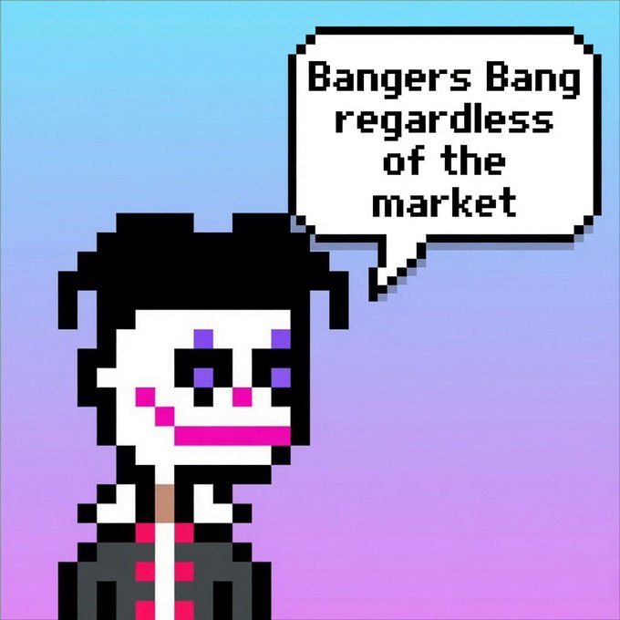 Pixel art character with black hair and pink facial features declaring 'Bangers Bang regardless of the market' in a speech bubble against a blue-purple gradient background.