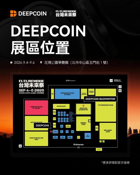 The promotional graphic displays DEEPCOIN's booth location at the FUTUREMODE 台灣未來祭 (Taiwan Future Festival) from September 4-6, 2026, at Taipei Expo Dome, featuring a venue map highlighting their badminton zone where they will host the KOL Badminton Invitational with prediction markets for guessing the champions.