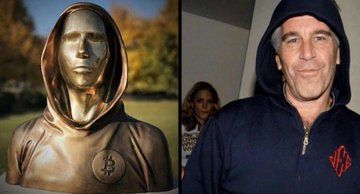 Side-by-side image comparing a golden hooded statue with a Bitcoin logo to a photo of a man in a black hoodie smiling.