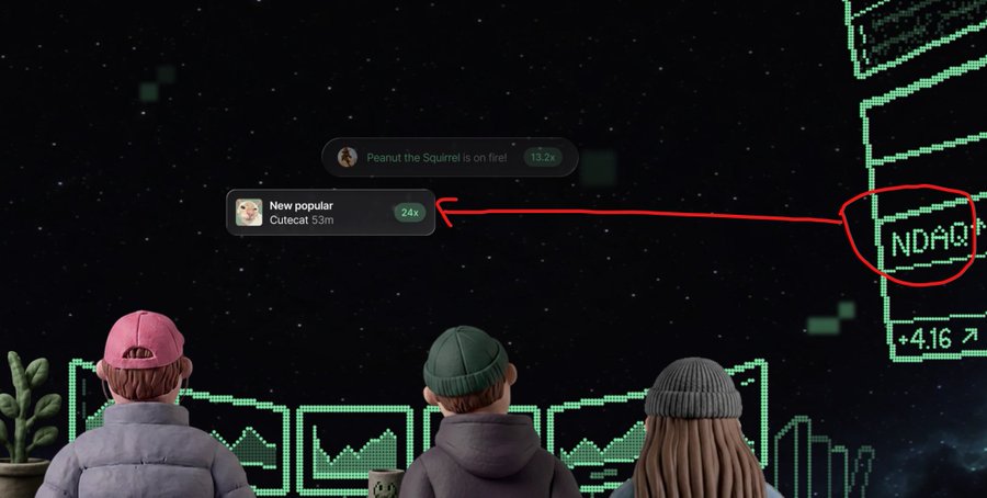 A red arrow points to a "New popular - Cutecat 53m - 24x" notification in the top right, while on the right side the image shows "NDAQ" tokenized Nasdaq-100 with "+4.16" displayed, alongside a stock ticker showing "Peanut the Squirrel is on fire! 13.2x" in the upper center.

The image depicts the Pump.fun landing page scene mentioned in the post, where three animated figures sit on a rooftop looking at a starry sky displaying tokenized stock tickers like "NDAQ" and "Cutecat" with a 24x multiplier, illustrating the platform's mascot cat "Cutecat" featured prominently among other trending tokens.