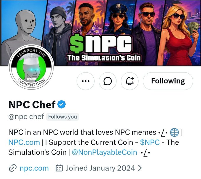 A Twitter/X profile page for 'NPC Chef' (@npc_chef) displaying the $NPC branding ('The Simulation's Coin'), a banner with cartoon NPC characters, and a bio referencing NPC.com and $NPC.
