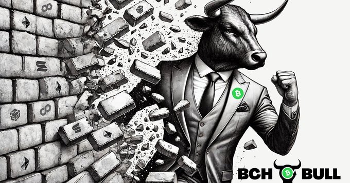 A graphic illustration of a bull in a suit bursting through a brick wall, with the text 'BCH BULL' and a Bitcoin Cash logo.