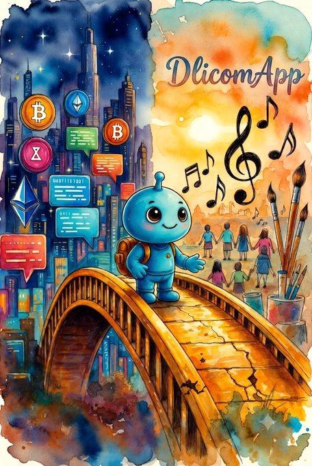 The image features a cartoon robot standing on a bridge with a city skyline behind it. The robot has a backpack and appears to be smiling at the camera, giving off a friendly vibe. Below the robot, there are various text elements related to the @DlicomApp project, such as "GM X" and "@DlicomApp Art". The background of the image is filled with different colors and shapes, creating an artistic and visually appealing composition that captures the essence of freedom, creativity, and community.