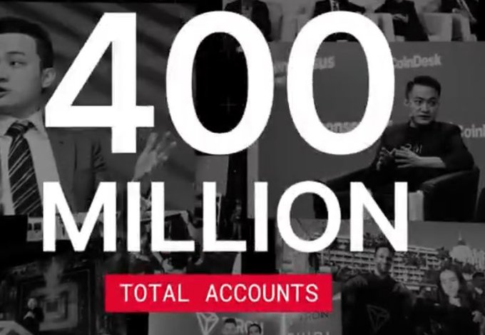 A promotional graphic for TRON (TRX) celebrating a milestone of 400 million total accounts, featuring a black-and-white collage background with the bold text "400 MILLION TOTAL ACCOUNTS" overlaid and the "TRON" ticker visible in the lower right.