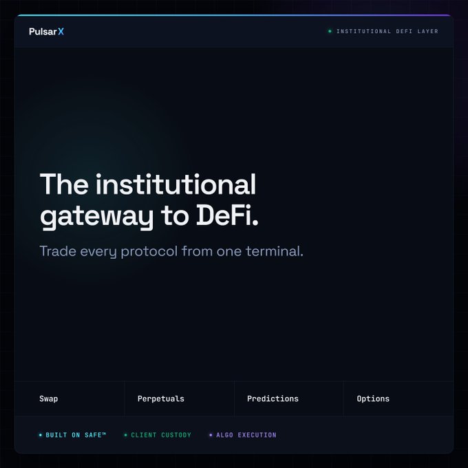 A dark-themed landing page for 'PulsarX' reading 'The institutional gateway to DeFi. Trade every protocol from one terminal,' with categories for Swap, Perpetuals, Predictions, and Options.