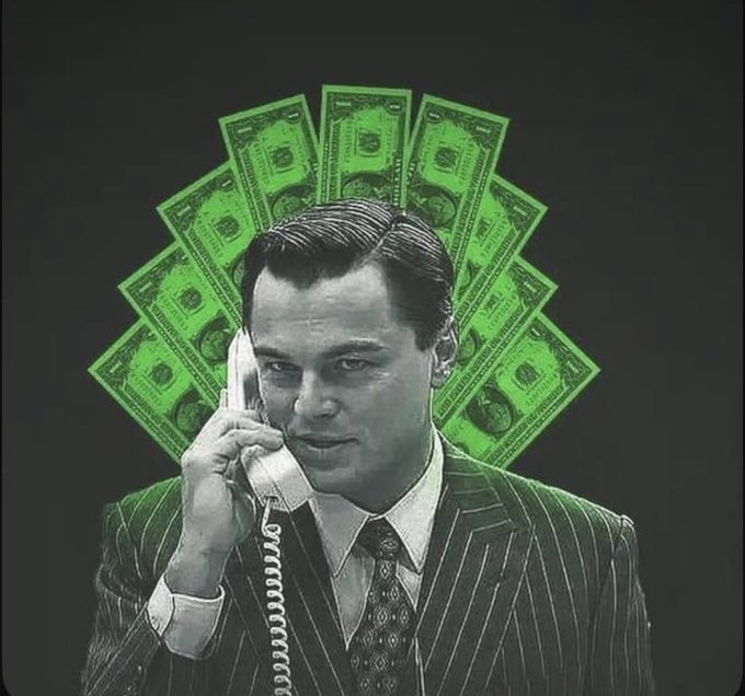A stylized image of Leonardo DiCaprio as Jordan Belfort from 'The Wolf of Wall Street' holding a telephone, with green-tinted dollar bills fanned out behind his head.