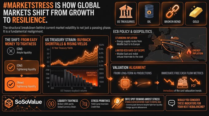 An infographic titled '#MARKETSTRESS IS HOW GLOBAL MARKETS SHIFT FROM GROWTH TO RESILIENCE' by SoSoValue, showing market indicators for US Treasuries, Oil, Broken Bond, and Gold, with sections on US Treasury shortfalls, ECB policy, and valuation alignment.