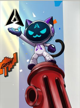 An illustration of a white and purple robot-like cat mascot wearing headphones, holding glowing devices while standing atop a red fire hydrant with an 'A' logo in the background.