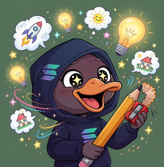 The image features a cartoon duck wearing a hoodie, holding a pencil with a smile on its face. The background of the image includes various elements such as stars, houses, and other cartoon characters, creating an imaginative and whimsical atmosphere. The text in the image reads "Today is a good day! Finally team @wallchain dropped great news! They just launched Select which is their upgraded AttentionFi platform!". This suggests that the duck might be promoting or celebrating the launch of a new project or platform using its unique appearance and cheerful demeanor, possibly related to the world of cryptocurrency.