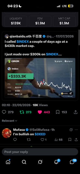 A Twitter/X post by 'qianbaidu.eth' claims to have made over $300K on $INDEX, with engagement numbers and a reply about being bullish on $DEED visible below.