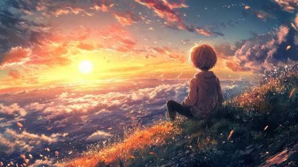 The image features a young boy sitting alone on top of a hill at sunset. He appears to be looking out over the landscape, possibly contemplating or enjoying the view. The sky above him is filled with clouds that create an impressionistic painting-like effect. The sun is setting in the background, casting a warm glow across the scene and highlighting the colors of the sky. The boy's position on top of the hill provides a sense of solitude and tranquility as he takes in the beauty of nature around him.