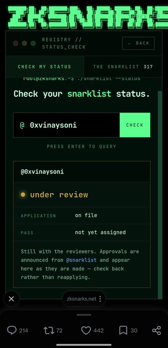 Screenshot of a ZKSNARKS website showing a status check for user @0xvinaysoni, whose application is "under review" with "on file" status and no pass yet assigned.