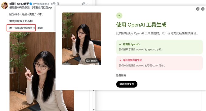 The image shows a social media post by "tycgqzulinb" featuring a photo of a woman with glasses, alongside an AI-generated content verification panel marked "使用 OpenAI 工具生成" (Generated using OpenAI tools), which humorously demonstrates the post's commentary about someone in Web3 being exposed as an AI-generated persona.
