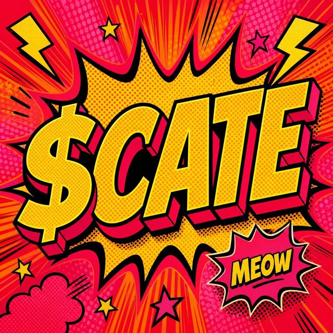 A vibrant pop art/comic book style graphic with a comic burst features the word '$CATE' in large yellow letters on a red and pink background, with a smaller 'MEOW' speech bubble in the corner.