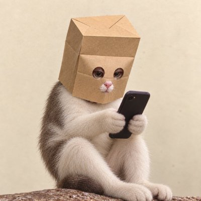 Whimsical digital image of a small white and gray cat wearing a cardboard box on its head while intently looking at a smartphone held in its paws.