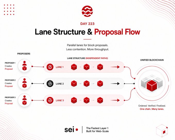 The image illustrates Sei Giga's Lane Structure & Proposal Flow (Day 223), showing three proposers creating independent proposals through parallel lanes (Lane 1, Lane 2, Lane 3) that converge into a unified blockchain, with the tagline "The Fastest Layer 1 Built for Web-Scale" by Sei. This visual supports the accompanying post's explanation of how Sei's multi-lane architecture enables simultaneous block proposals to reduce contention and increase throughput on a single chain.