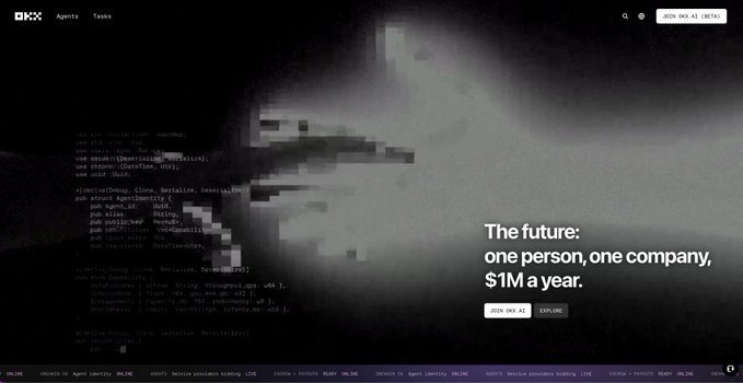 A dark webpage screenshot from OKX displays the tagline "The future: one person, one company, $1M a year." alongside pixelated code imagery, with navigation tabs for Agents and Tasks. The post connects to the image by highlighting OKX's alignment with the need for AI agents to discover each other, build trust, and exchange value across ecosystems—a vision of streamlined, AI-driven operations.