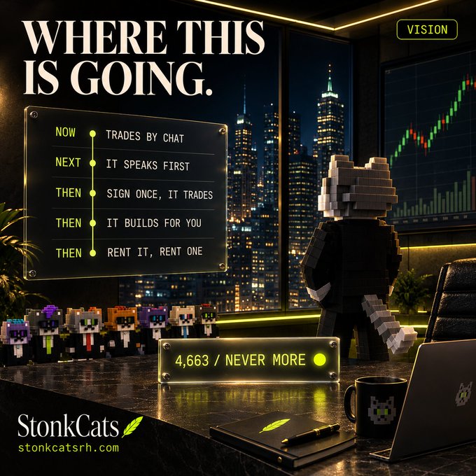 A promotional graphic for "StonkCats" (stonkcatsrh.com) titled "WHERE THIS IS GOING" featuring a pixelated cat character in a suit looking out at a city skyline, with a timeline showing "NOW: TRADES BY CHAT", "NEXT: IT SPEAKS FIRST", "THEN: SIGN ONCE, IT TRADES", "THEN: IT BUILDS FOR YOU", "THEN: RENT IT, RENT ONE".