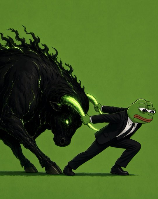 An illustration depicts a businessman wearing a Pepe the Frog mask struggling to hold back a dark, fiery bull against a solid green background.
