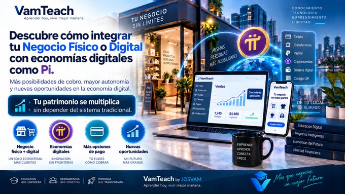 A promotional advertisement in Spanish for 'VamTeach by JOSVAM' promoting digital Pi economies and business integration, featuring graphics of a laptop, smartphone, and city skyline with the tagline 'Más que negocios, un mejor futuro.'