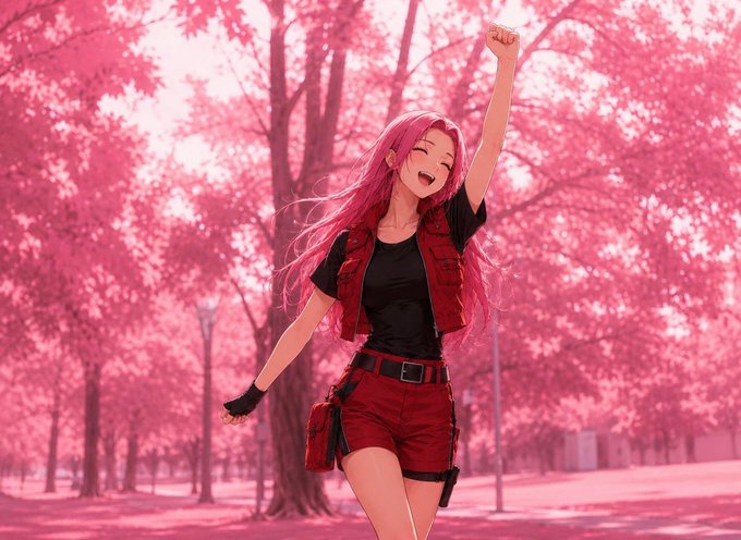 Anime-style illustration of a smiling pink-haired girl in a red vest and shorts cheering with her fist raised in a pink forest setting.