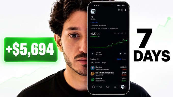 A man stands beside a phone showing a trading app with a +$5,694 gain, alongside text reading '7 DAYS' and an upward chart arrow.
