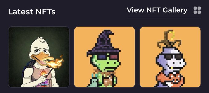 A 'Latest NFTs' gallery header showing three character thumbnails: a duck breathing fire in dark armor, a green zombie in a witch hat, and a purple character with an anchor headdress.