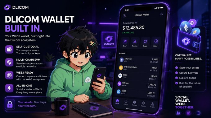 A promotional advertisement for "DLICOM WALLET" featuring an anime-style character with a phone displaying a $12,485.30 balance, highlighting features like self-custodial, multi-chain EVM, Web3 ready, and all-in-one functionality.