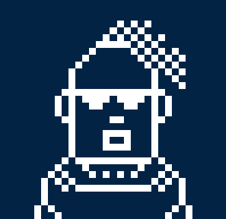 A pixel art illustration of a man with a beard and headphones against a dark blue background.
