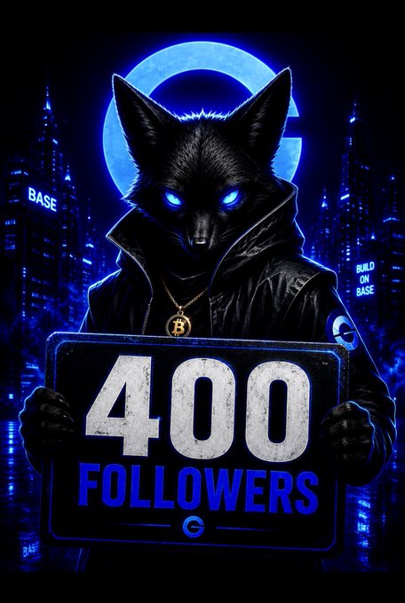 Digital artwork of a black wolf with glowing blue eyes holding a sign reading '400 FOLLOWERS', set against a blue cyberpunk cityscape with 'BASE' and 'BUILD ON BASE' text.