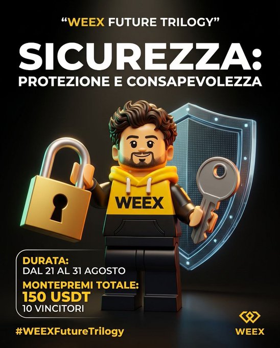 A promotional graphic for the "WEEX Future Trilogy" event titled "SICUREZZA: PROTEZIONE E CONSAPEVOLEZZA" featuring a LEGO-style character holding a padlock and key, with details showing a duration from August 21-31 and a total prize pool of 150 USDT for 10 winners.