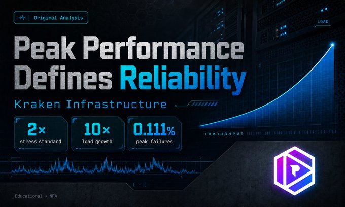 A dark digital dashboard titled "Peak Performance Defines Reliability" highlights Kraken Infrastructure metrics, showing a 10× load growth with peak failures dropping to 0.111% (down from ~11% in July 2025) against a rising throughput graph, visually reinforcing the post's point that uptime matters most when trading demand surges.